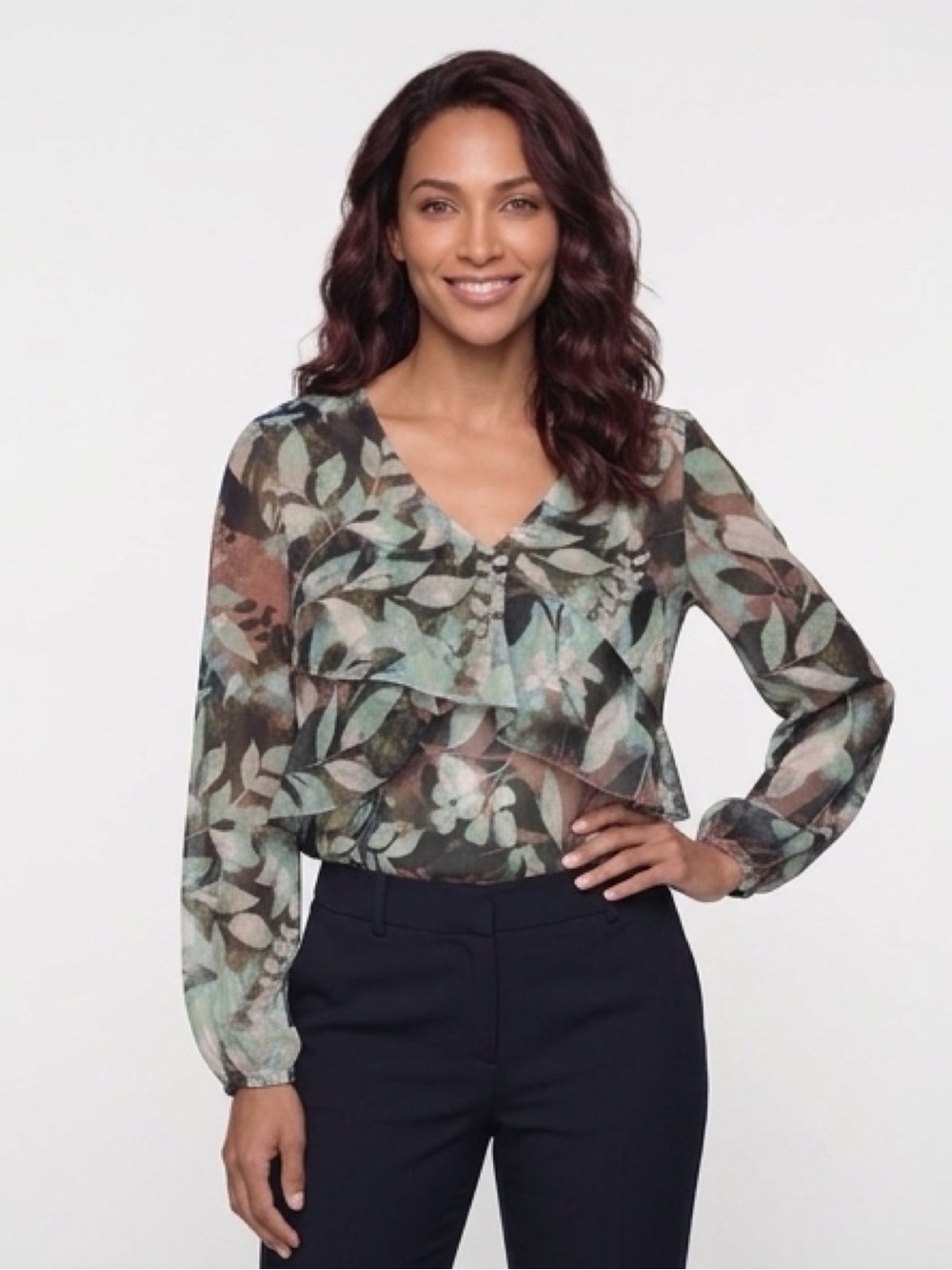 Zac & Rachel Sheer Floral Ruffle Blouse Dusty Olive Multi  Size Small NWT